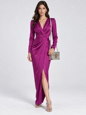Rhea Costa Draped Satin Maxi Gown – Magenta